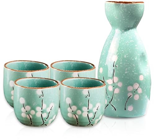 Liwein Set da Sake Giapponese,5 Pezzi Ceramica Tradizionale Porcellana Bicchieri da Vino Dipinti a Mano Fiori di Ciliegio Sake Pot Tazze Artigianale Regalo Set (Ciano)