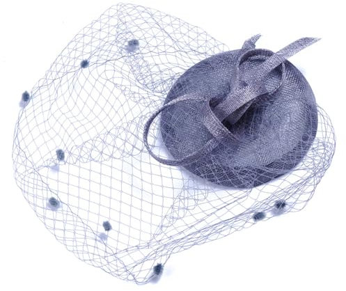 BrightGlow Frauen Fascinators Hut Hochzeit Schleier Hut Vintage Fascinator Damen 20er 50er Jahre Hut mit Flaumball Schleier Damenhut Elegant Braut Kopfschmuck für Hochzeit Grau Einheitsgröße