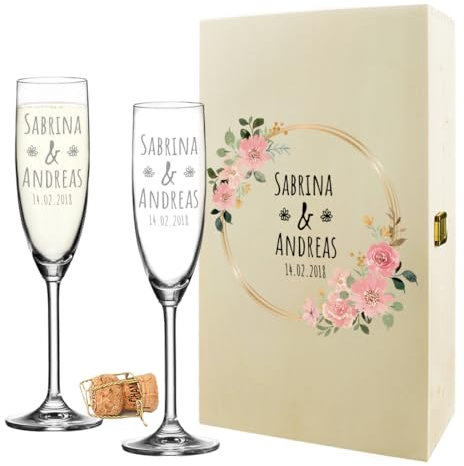 polar-effekt Lot de 2 flûtes à champagne de 200 ml et boîte en bois avec impression UV – Cadeau de mariage pour elle et lui – Verres passent au lave-vaisselle – Personnalisable