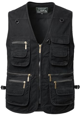 KTWOLEN Gilet de Pêche pour Homme Multi-Poches Coton Gilet de Photographe Veste sans Manches de Chasse Journaliste, Noir, XL