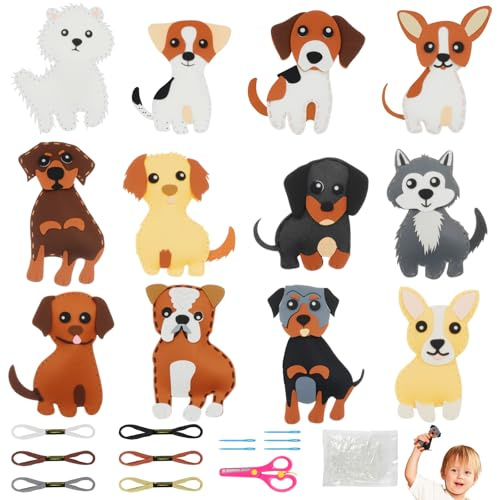Vicloon 12 Pcs Kit de Couture Enfant, Kits de Couture en Feutre de Couture Chiots Mignons pour Enfants à Partir de 6 Ans, avec Fil à Broder/Aiguilles en Plastique/Rembourrage en Coton