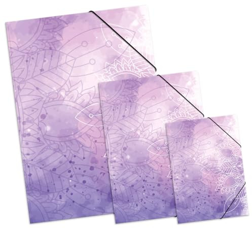 itenga Set Zeichenmappe DIN A2 und DIN A3 und Sammelmappe DIN A4 mit Motiv - Zeichenmappe Gummizugmappe Sammelmappe - für Kinder Jugendliche Schüler Mädchen Jungen (Motiv Mandala)