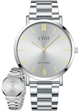 CIVO Herrklocka rostfritt stål armbandsur enkel affärs vattentäta klockor för män analog kvarts herrklocka med lysande datum, 8350 silver, Standard, Armband