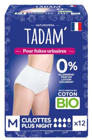 TADAM' - 12 Culottes Femme Incontinence Nuit ou Post Partum, Absorption XXL, Taille M, Blanc, Confortables & hypoallergéniques avec technologie anti-odeur