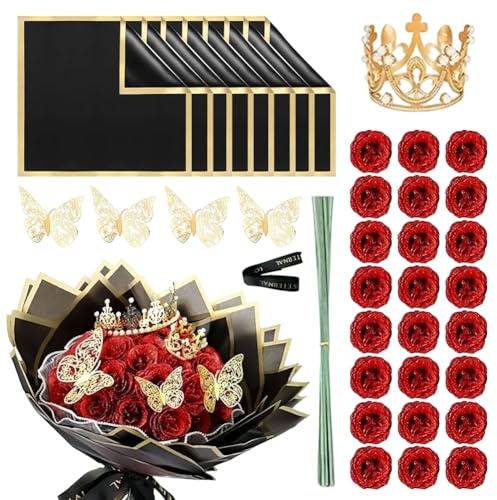 Ranjima Glitter-rosbukett, gör-det-själv glitter röda rosor konstgjorda rosor sidenblommor, 24 stycken konstgjorda rosor blommor falska rosor dekoration med krona för bröllop, jul, födelsedag, årsdag