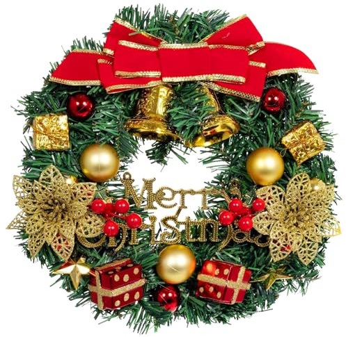 30cm Christmas Wreath for Front Door Artificial Golden Xmas Wreath with Xmas Baubles, Flowers, Berries and Pine Cones for Indoor & Outdoor Christmas Decor Home Decoration (Red)