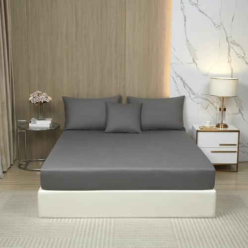 Luowei Satin Spannbettlaken 180x200 cm Baumwoll Grau | Natürliche 100% Baumwolle Spannbettlaken Weich und Komfortabel Boxspringbett Spannbetttuch für Matratzen bis 25-30 cm Höhe
