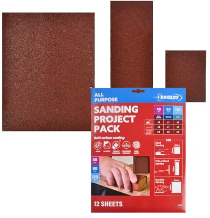 Rocket All-Purpose Sanding Sheets 12 Pk Multi Grit For Hand, Machine & Pole | Multi-Size Grit 40/80/120 - For Hand, Machine & Pole Sanders - Wood, Plaster, Walls & Ceilings