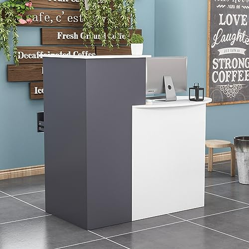 PREMTURE - Encimera de recepción, mostrador de recepción, encimera con superficie de almacenamiento abierta y 1 cajón con cerradura, con diseño Patchwork negro y gris oscuro, 40 x 121 x 110 cm