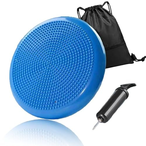 HNJART Core Balance Wobble Cushion, Air Stability Cushion, Inflatable Core Trainer, Sensory Cushion for Chair, Pump Included & Storage Bag (Blue)