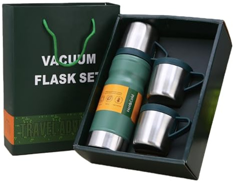 COZYHOMEWARE Stainless Steel Vacuum Flask Travel Set, Insulated Bottle with Extra 2 Cup for Hot and Cold Drink Ideal for Gifts Green