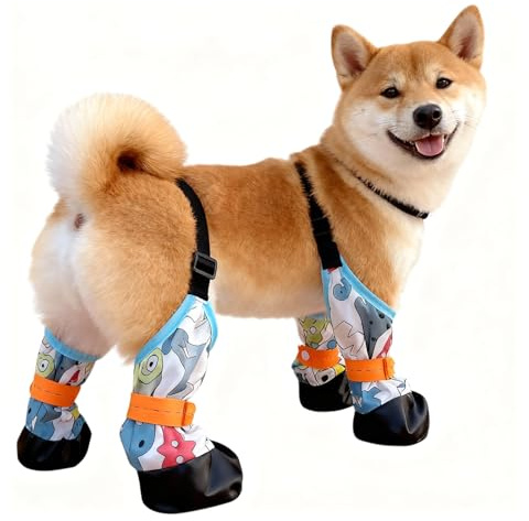 Zimoer Botas con Tirantes con Arnés para Perros, Botas de Lluvia con Tirantes para Perros, Bota con Tirantes para Perro a Prueba de Suciedad, Pantalones Antisuciedad para Perro, Impermeables, M