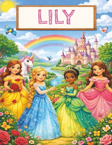 Personalised Princess Notebook for Girls Ages 4–9 – LILY: Colourful Princess Writing & Drawing Book with Name Lily | 100 Page Plain Notebook | Cute Girls Gift