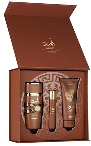 Asad Bourbon Perfume 3 Piece Gift Set for Men, Eau de Parfum Cologne Spray, Travel Size Spray & Hair Mist, Long Lasting Vanilla Amber Men’s Fragrance, Luxury Gift Set
