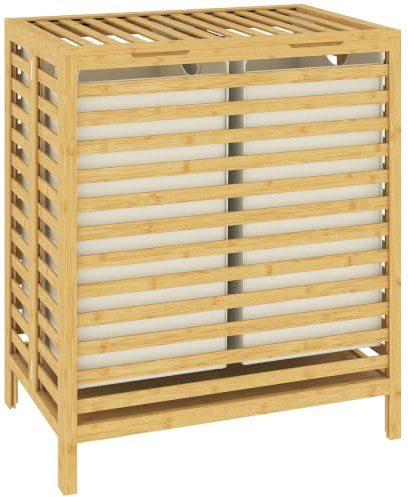 HOMCOM Cesto Portabiancheria in Bambù con Coperchio Color Legno | 64L Cesto Biancheria Sporca Pieghevole a Doghe, 2 Sacche Tessuto Oxford Rimovibili e Lavabili, per Vestiti, 55x36x64.2 cm