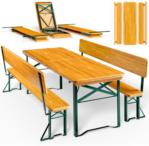 Casaria® 2er Set Bierzeltgarnitur mit Lehne 170 cm Klappbar Stabil 2X Bierbank 1x Breiter Tisch Holz Biertischgarnitur Festzeltgarnitur Biergarten