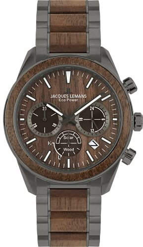 JACQUES LEMANS Herrenuhr, Eco Power Uhren Männer, Chronograph aus massivem Edelstahl mit Apfel-Leder Armband, Model 1-2115