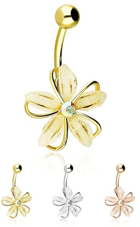 Treuheld® Bauchnabelpiercing mit weißer Blume - Kristall-Blüte - 3 Farben