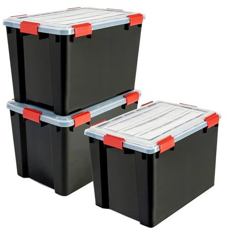 Iris Ohyama, Boite Rangement Hermétique, 70L, Lot de 3, Noir, Couvercle avec Joint Etanche, 6 Clips de Fermeture, Empilable, pour Exterieur, Garage, Vetement, Anti Poussiere, Sans BPA, DDAT-LD