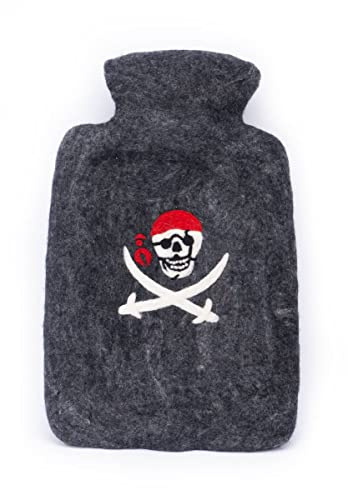 feelz - Wärmflasche Pirat, freche Bettflasche mit Totenkopf aus 100% Wolle (Merino), Handarbeit, Fairtrade (Bezug mit Innenflasche)