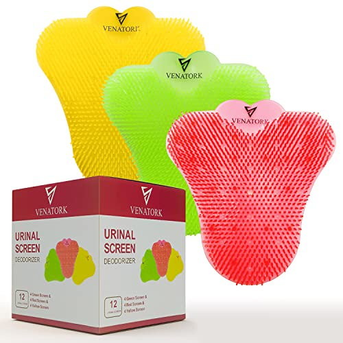 Venatork 3D Urinal Screen Deodorizer Set - 12-Pack Heavy-Duty Urinal Cake - Anti Splash Urinal Cakes - 3 Different Fruit Scents - Easy To Set Up Urinal Pads - Modern Urinal Mats for Public Restrooms