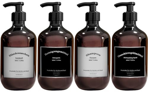 seifenspend Kunststoff, 4er Set Seifenspender 500ml mit Etiketten, pumpflaschen Set Badezimmer, Shampoo Flasche (500ml Braun)