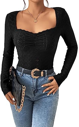 GORGLITTER Langarmshirt Damen Elegant Tops Langarm Slim Oberteil Herbst T-Shirt Einfarbig Freizeitshirt mit Herzausschnitt Schwarz S