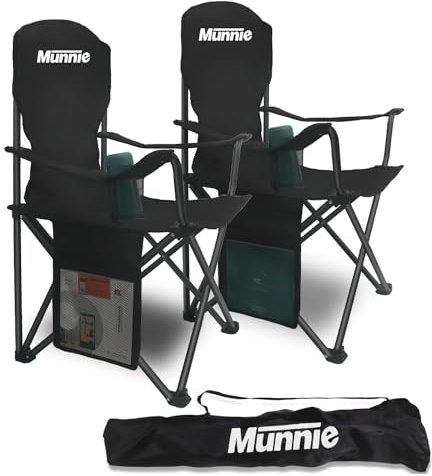 Munnie Set of 2 Folding Camping Chairs | Lightweight Heavy Duty Outdoor Chair | With Armrests, Cup Holder and Side Pocket | Extra-Wide 120kg Capacity per Chair | Included with Carry Bag – Black