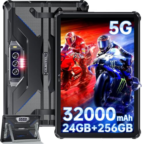 OUKITEL RT7 5G Rugged Tablet 10.1 Inch, 24GB(12+12) RAM + 512GB ROM 32000mAh 33W Fast Charging, Android 13 Gaming Tablet Dual SIM 5G,48MP+32MP Camera, IP68/IP69K,Blue