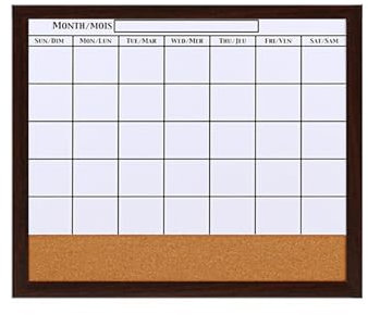 LOOQS Kork-Kombinationstafel, braunes Holzrahmen, trocken abwischbare Tafel, Kalender-Whiteboard für Monatsplaner, Nachrichten, Notizen, 53,3 x 45,7 cm