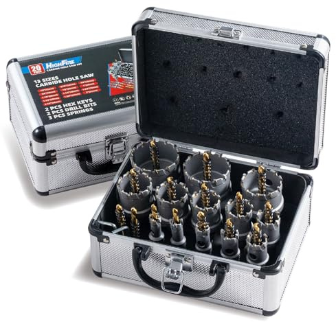 HIGHFIRE 20pcs Carbide Hole Saw Kit with Case, Carbide Tipped Hole Cutter with Pilot Drill bit for Stainless Steel, Iron, Aluminum, Alloy, Plastic