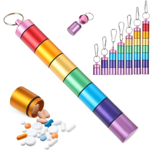 SUWIWKKOA Tablettenbox 7 Tage, Pillendose Klein mit 7 Teilbaren Fächer, Metall Wasserdichte Pillenbox Schlüsselanhänger Medikamentenbox Kleine Tablettendose für Unterwegs