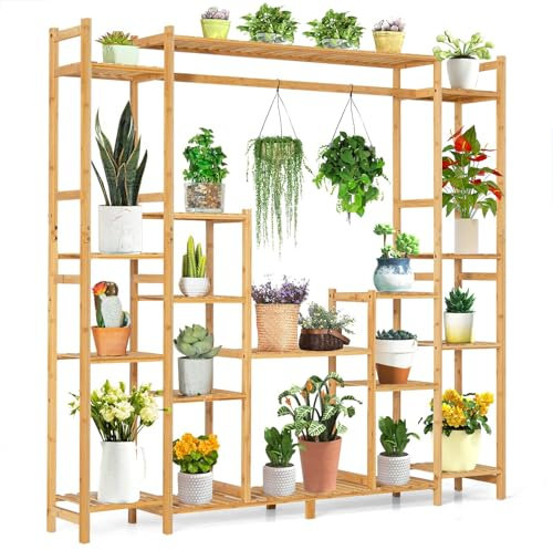 RELAX4LIFE Scaffale per Fiori in Bambù a 9 Livelli, Porta Piante con Appendiabiti, Portavasi Design Sfalsato Anti-Ribaltamento per Interni