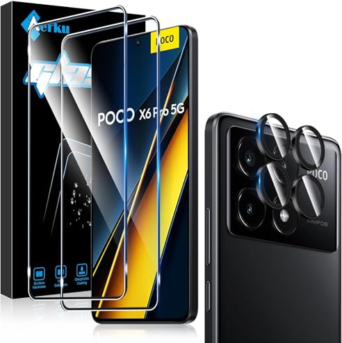Aerku Protector de Pantalla para Xiaomi POCO X6 Pro 5G y Protector Lente Cámara [2+1 Piezas], Dureza 9H HD Anti-Arañazos Sin Burbujas Cristal Vidrio Templado Película Protectora