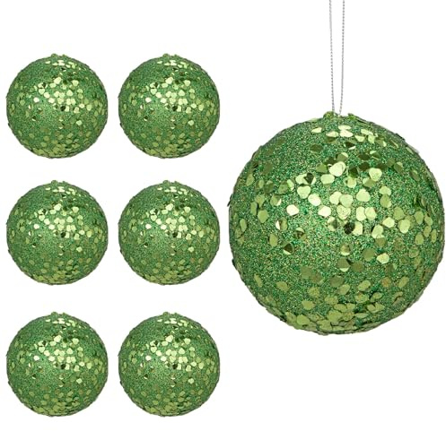 Hollyone 10cm Große Weihnachtsbaumkugeln Ornamente Glitzer, 6pcs Pailletten Christbaumkugeln Set mit Seil, Bruchsicher Weihnachtskugeln Grün Hängend Weihnachtsdeko für Feiertage Party Deko
