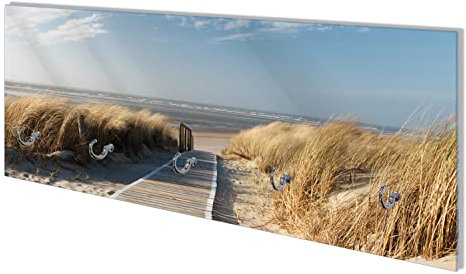 Wallario Wandgarderobe aus Glas in Größe 80 x 30 cm mit Memoboard-Funktion, Motiv: Auf dem Holzweg zum Strand | 5 Kleiderhaken zum Aufhängen von Jacken