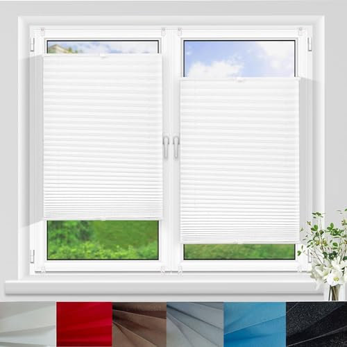 Plissee ohne Bohren Klemmfix 35 x 140 cm Sonnenschutz Easyfix Lichtdurchlässig Faltrollo Jalousie Rollo mit Klemmträger für Fenster und Tür, Weiß