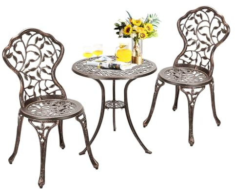 KOMFOTTEU Juego de Muebles de 3 Piezas, Conjunto de Mesa y 2 Sillas de Aluminio Fundido, Conjunto de Bistró de Estilo Vintage para Terraza, Balcón, Patio, Bronce