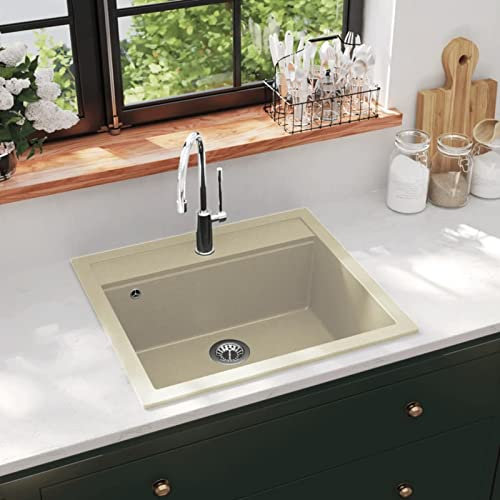ZEYUAN Fregadero de Cocina de Granito con un Seno Beige, Mueble Pila Lavadero, Pila Fregadero Cocina, Fregadero sobre Encimera, Fregadero Baño Encimera, Picas De Cocina 144862