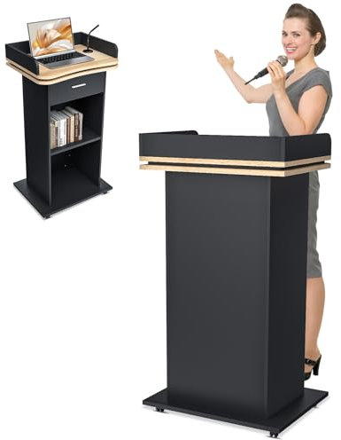 Tragbares hölzernes Podium, Rednerpult-Podium-Ständer, reserviertes Drahtloch, feststellbare Räder, Design mit Aufbewahrung, stehender Holzkanzel für Kirche, Büro, Schule, Heimkonferenz