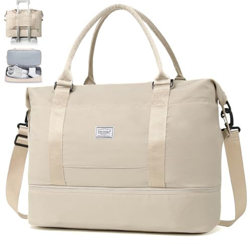 TANTOMI Reisetasche Handgepäck,Sporttasche Damen,46x23x32 cm,Handgepäck Tasche Weekender Bag wasserdichte Reisetasche Duffle Bag Trainingstasche Kliniktasche Geburt Geeignet Urlaub Camping，Beige
