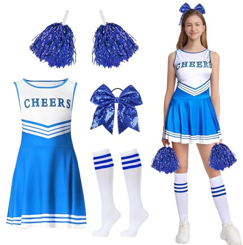 GUBOOM Vestito Cheerleader Costume, Cheerleader Costume Donna Con Pompon, Calzini, Fascia, Vestito Cheerleader per Feste a Tema Carnevale Cosplay in Maschera (Blu, M)