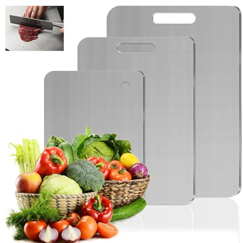 Lot de 3 planches à découper en titane S316 en acier inoxydable avec revêtement en titane sans BPA double face qualité alimentaire Planche à découper en titane pour viande, fruits