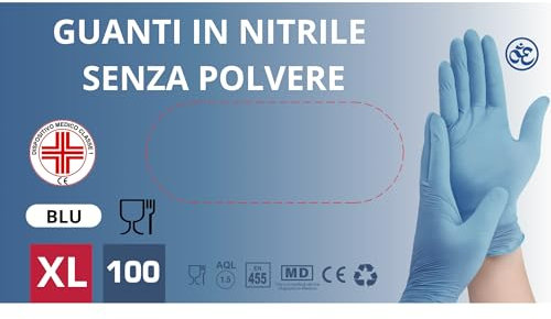 Stone&Stone Medical 100 Guanti NITRILE MONOUSO Resistenti senza polvere Dispositivo Medico ipoallergenici senza lattice | Medici Chef Estetisti Tatuatori Uso Alimentare | Varie Taglie (Blu, XL)