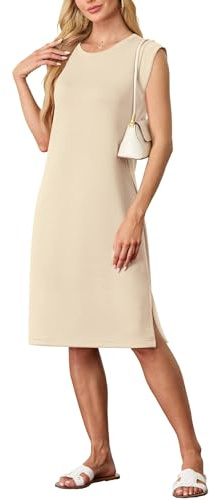 GRECERELLE Damen Sommer Midikleid lässiges Hemdkleid ärmellos mit Seitenschlitz & Taschen - Elegante Midi-Länge (Aprikotweiß, L)