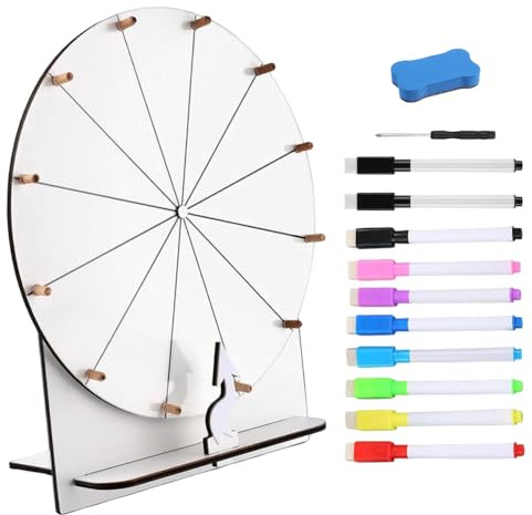 WDKXCN Roue de la Fortune, 30cm Roue de la Chance, Faire Tourner la Roue avec Gomme et Marqueur, Roue de Prix en Bois et Marqueur, pour Mariage, Jeux de loterie, Jeux de Mots, Carnaval, fête