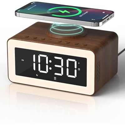 5 in 1 Alarm Clocks Bedside with Wireless Charger, White Noise Machine, Colourful Night Light, Bluetooth Speaker, Digital Clock, Dimmable LED Display, Birthday Gifts for Men Women Gifts for Dad Mum