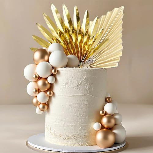28 Stück Kugeln Tortendeko,Weiß Gold Kuchen Dekoration Geburtstag, Palmblätter Kuchendeko, Schaum Ball Cake Topper für Hochzeit, Geburtstag, Valentinstag, Baby Shower (Weiß)