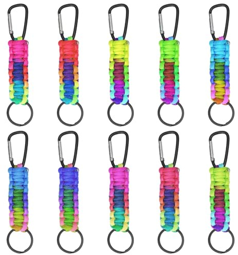 HENGBIRD Schlüsselband Karabiner 10 Stück Set - Paracord Schlüsselanhänger Bunt Geflochten mit D-Ring & Clip - Outdoor Lanyard für Rucksack Camping Kindergeburtstag
