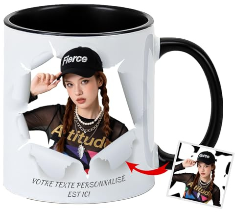 JONZIN Mug Personnalisé avec Votre Photo et Texte - Tasse Émaillée 330ml en Céramique - Cadeau Tendre et Unique pour Vous, Vos Proches, Amis, Amoureux ou Collègues (Effet collage déchiré 2)